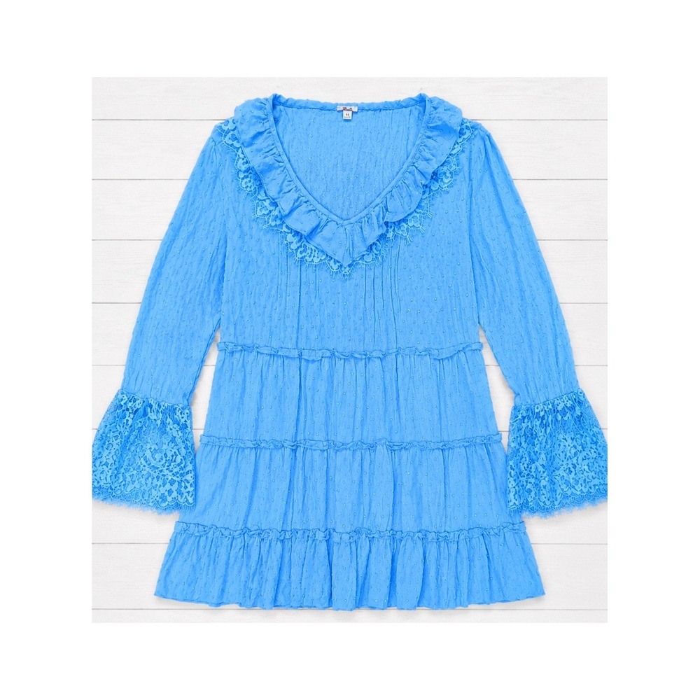 Reba Blue Swiss Dot Tiered Lace Trim Boho Peasant Romantic Cottagecore Top M